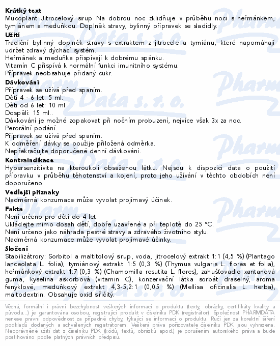 Mucoplant Jitrocelový roztok Na dobrou noc 250ml