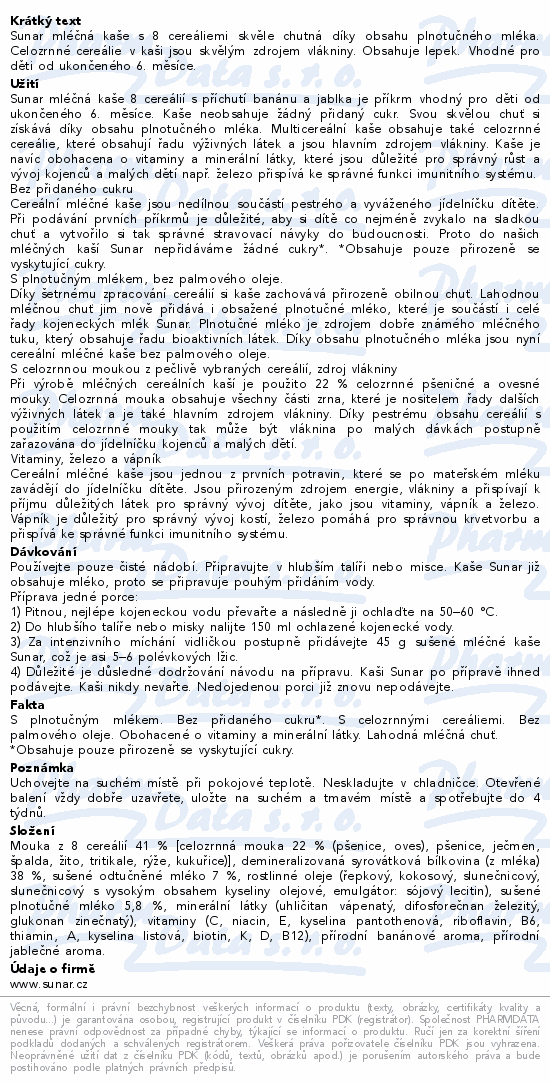 Sunar Mléčná kaše 8 cereálií banán/jablko 6m+ 210g